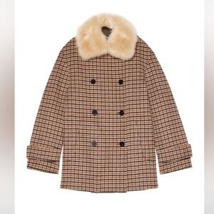 Theory Brown and Plaid Peacoat Removable Fur Collar